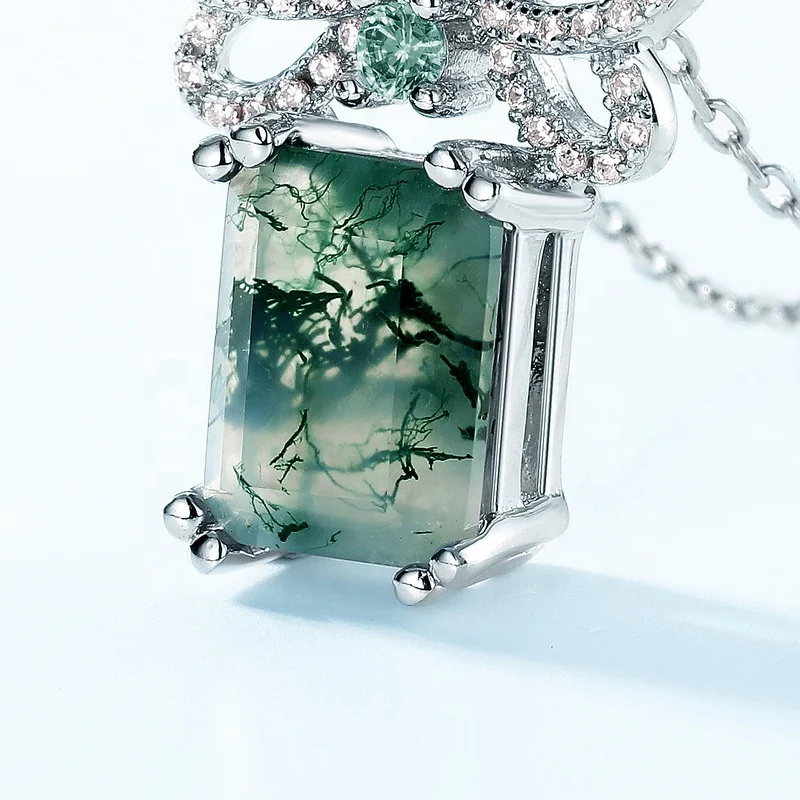 Jewelyking Rectangle Green Gemstone Pendant Dainty Zircon Bow Knot and Natural Moss Agate Pendant Necklace JKNS0086
