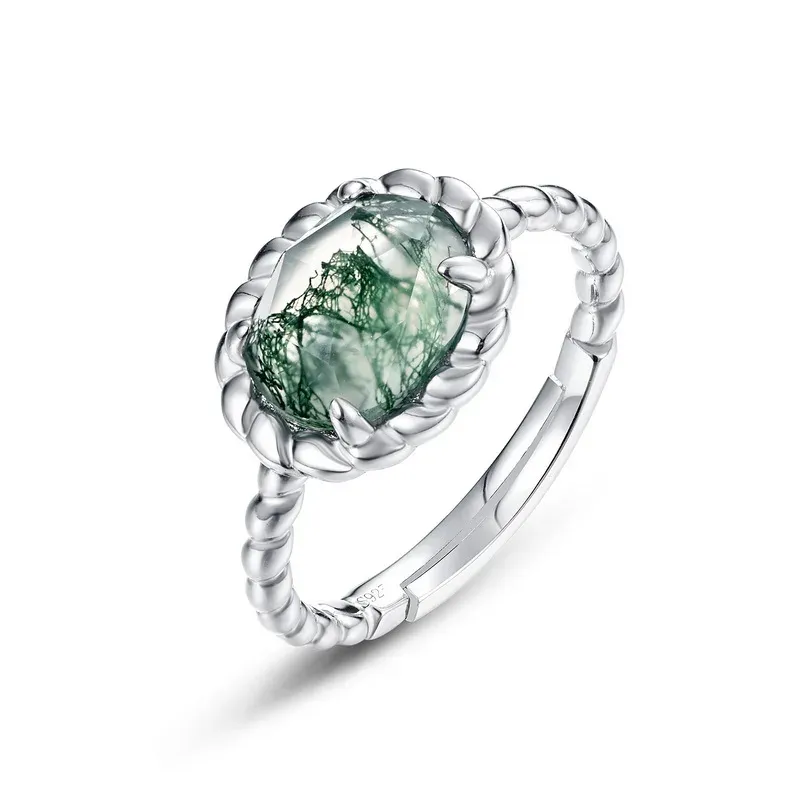 Jewelyking S925 Sterling Silver Moss Agate and Diamond Natural Gemstone Engagement JKRS0119
