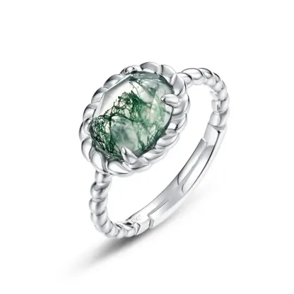 Jewelyking S925 Sterling Silver Moss Agate and Diamond Natural Gemstone Engagement JKRS0119