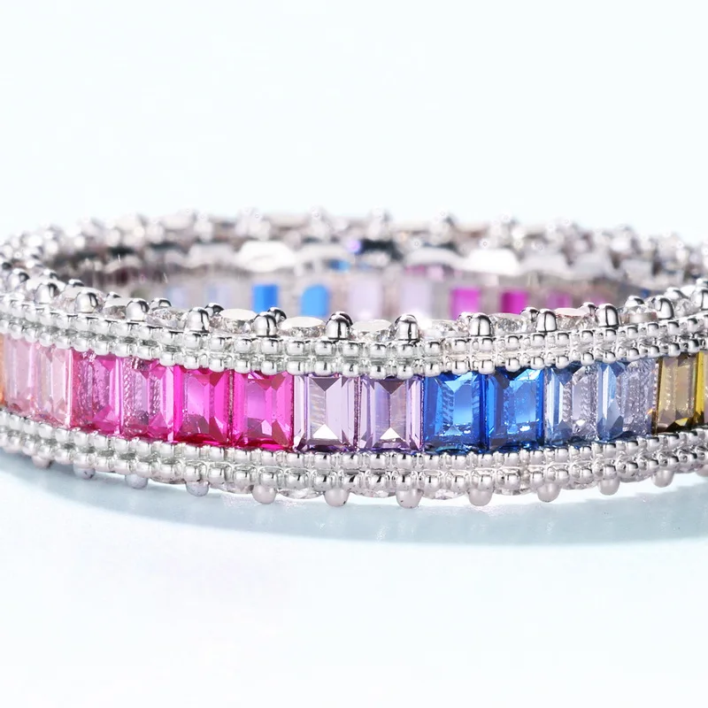 Fashion Jewelry Colorful CZ Rainbow Ring Cubic Zirconia Engagement Rainbow Eternity Ring 925 Silver Women Love Beauty Jewelry