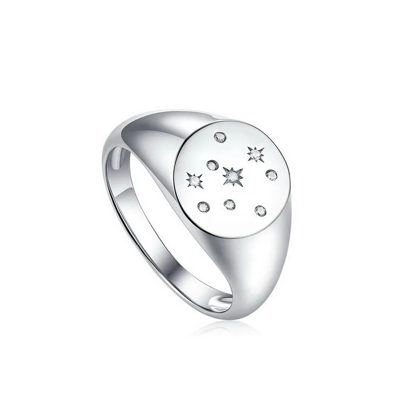 JewelyKing S925 Sterling Silver 18K Gold Plated Astrology Star Zodiac Signet Ring JKRS0296