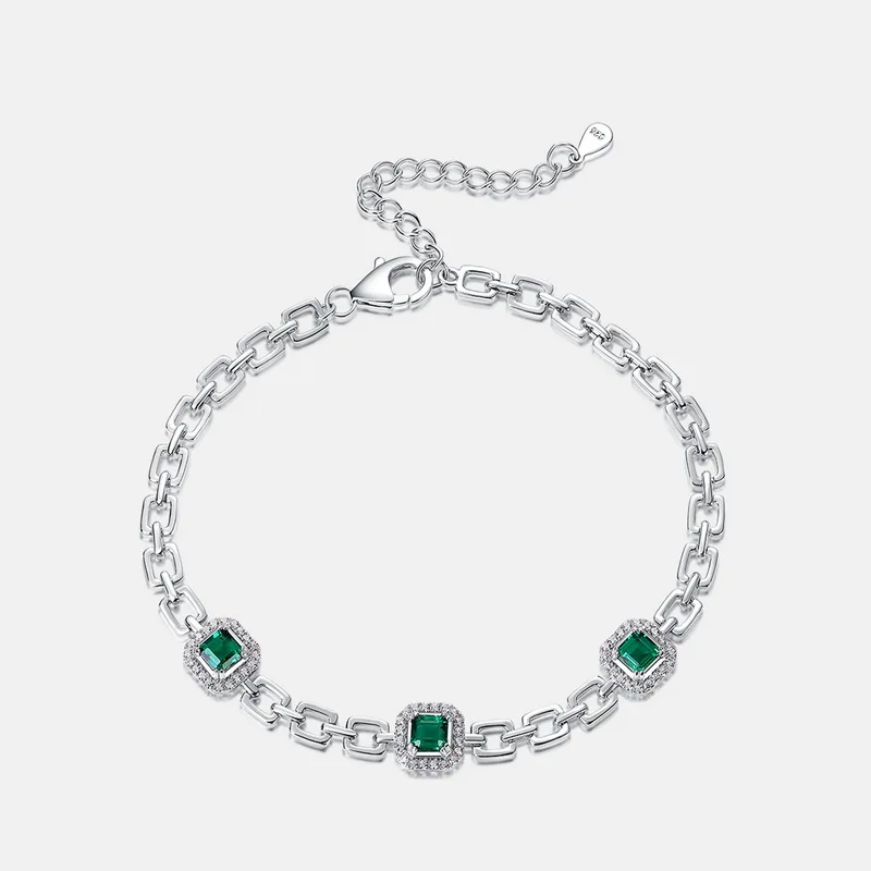 925 Sterling Silver Emerald Chain Vivid Lab Grown Emerald Bracelet Flower Lab Grown Emeralds Bracelet for Women