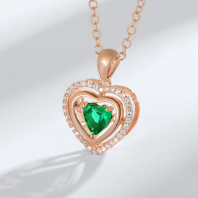 Dainty Gemstone Jewelry Sterling Silver CZ Iced Out Pendant Romantic Heart Shape Created Emerald Necklace Anniversary Gift