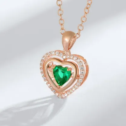 Dainty Gemstone Jewelry Sterling Silver CZ Iced Out Pendant Romantic Heart Shape Created Emerald Necklace Anniversary Gift