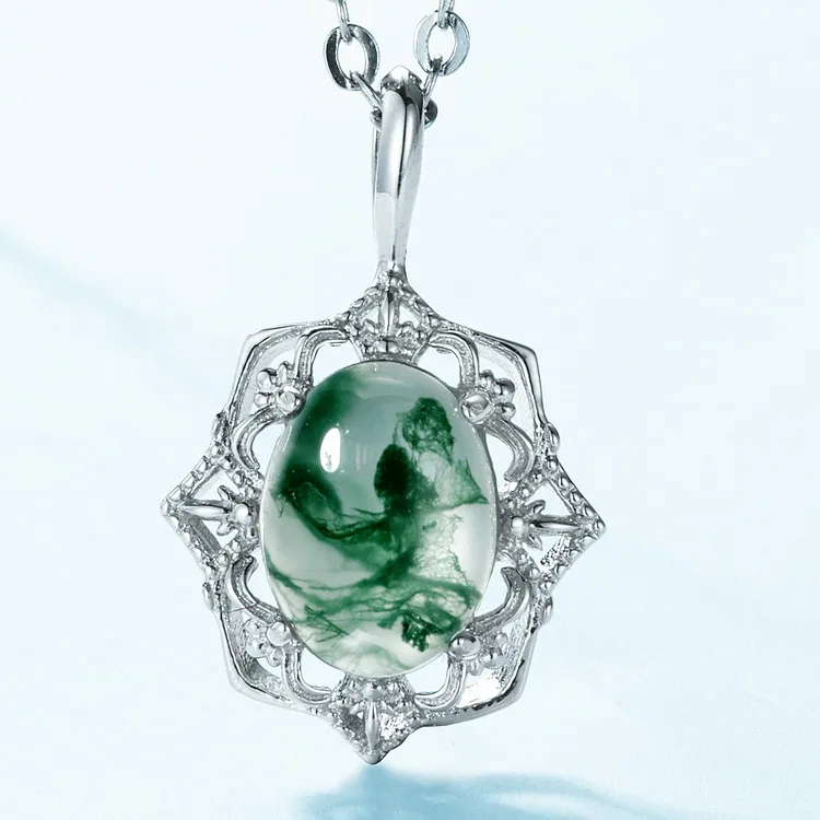 Jewelyking S925 Sterling Silver Gemstone Vintage Moss Agate Necklace Pendant JKNS0079