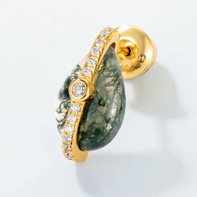 Jewelyking S925 Sterling Silver Elegant Retro Gold Plated Natural Green Moss Agate Earrings JKES0094