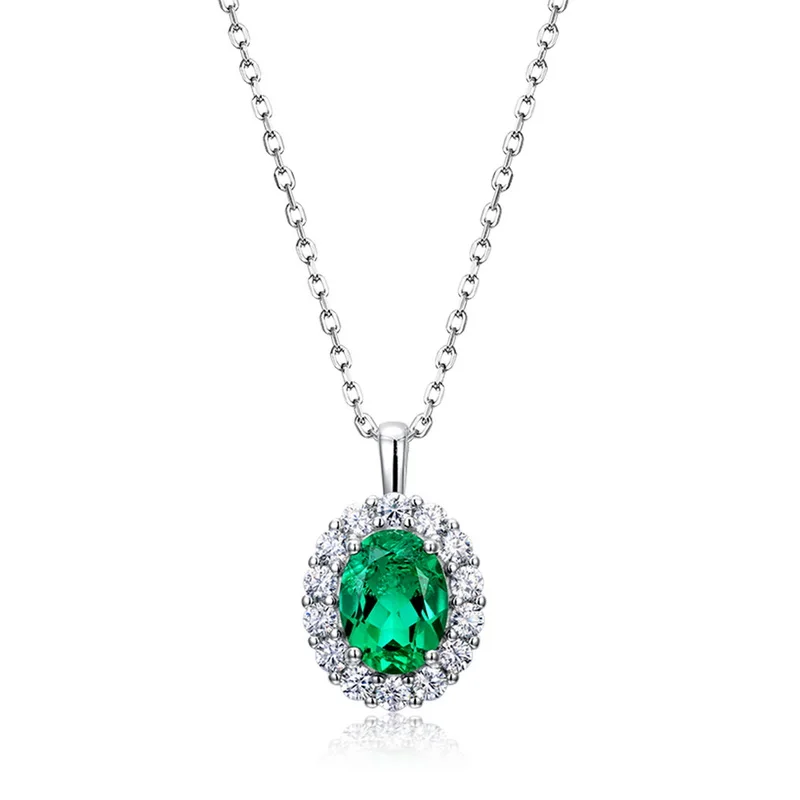 S925 Sterling Silver Lab Created Emerald Pendant Necklace for Women Retro European and American Style Jewelry