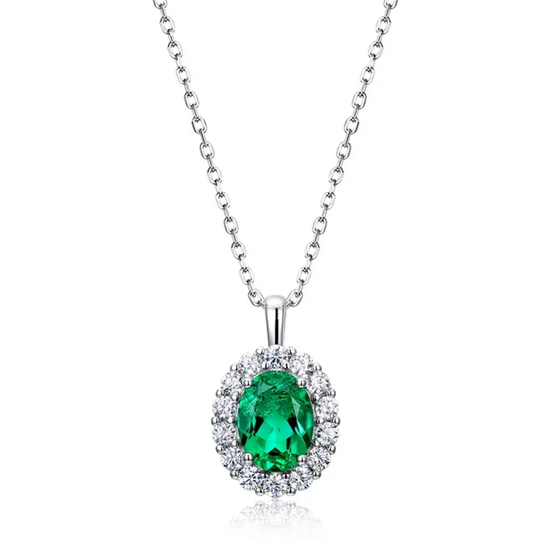 S925 Sterling Silver Lab Created Emerald Pendant Necklace for Women Retro European and American Style Jewelry