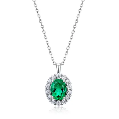 S925 Sterling Silver Lab Created Emerald Pendant Necklace for Women Retro European and American Style Jewelry