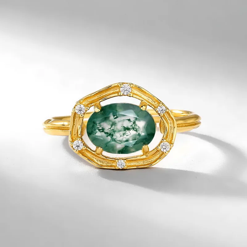 Light Luxury Fashion Fine Jewelry Natural Green Moss Agate Ring S925 Silver Inlaid Water Grass Agate Finger Ring