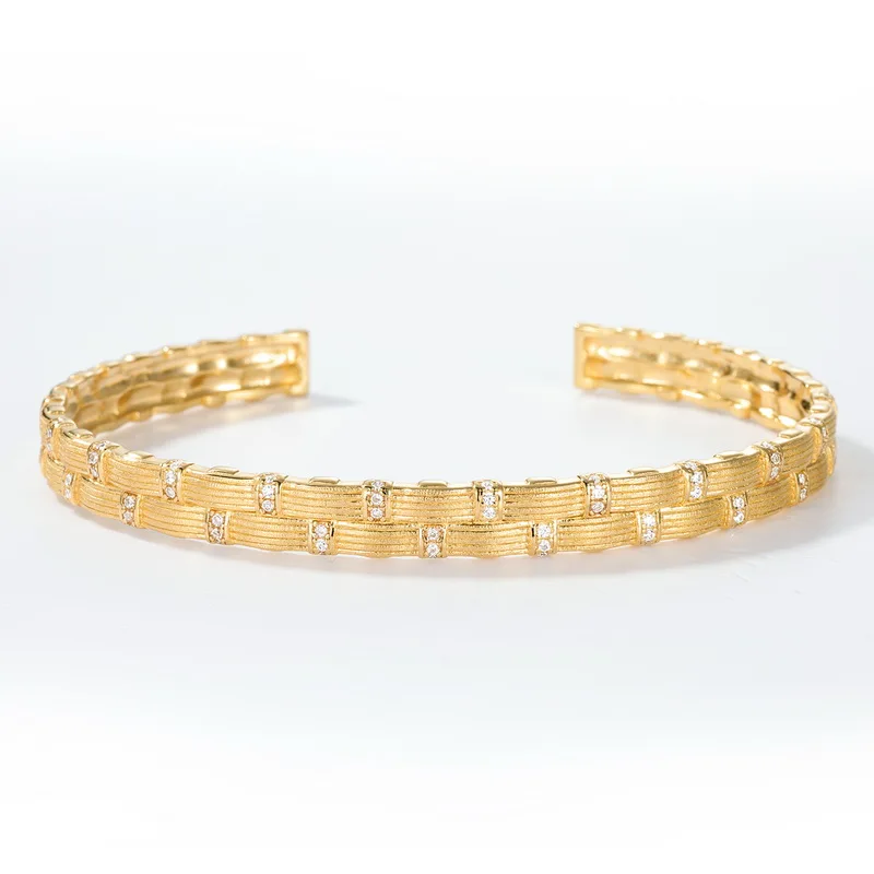 S925 Sterling Silver Brushed Sandblasted Open Cuff Bangle for Women Gold Plated Woven Texture Bracelet