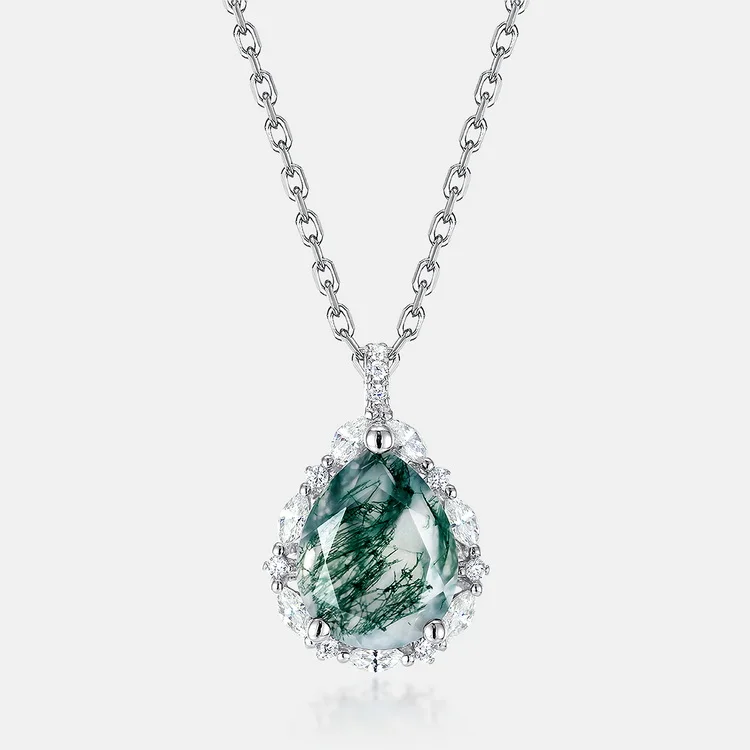 Jewelyking S925 Silver Natural Green Moss Agate Gemstone Pear Shape Pendant Necklace JKNS0109