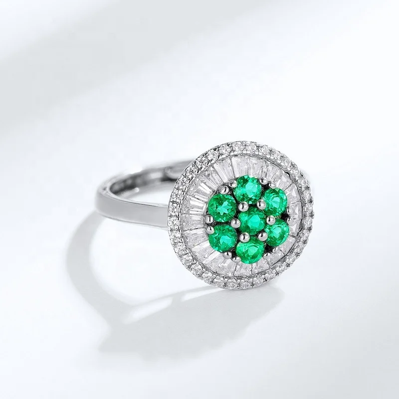 Luxury Fashion Silver 925 Cubic Zircon Openning Ring Baguette Stone Flower Clusters Gemstone Emerald Rings