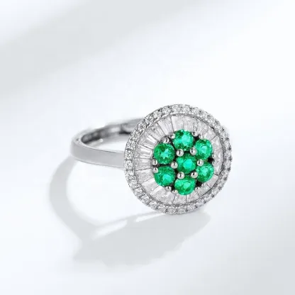 Luxury Fashion Silver 925 Cubic Zircon Openning Ring Baguette Stone Flower Clusters Gemstone Emerald Rings