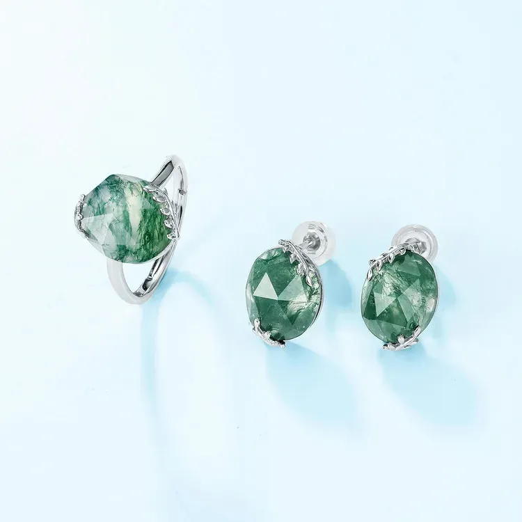 JewelyKing S925 Sterling Silver Cushion Cut Green Moss Agate Open Leaf Branch Adjustable Boho Minimalist Ring JKRS0211