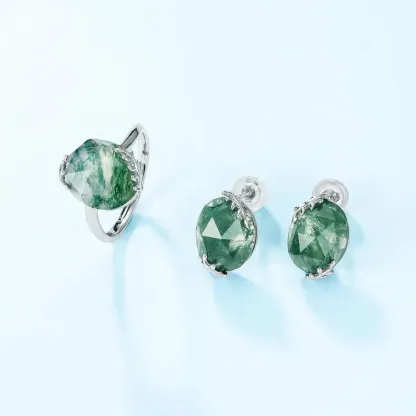 JewelyKing S925 Sterling Silver Cushion Cut Green Moss Agate Open Leaf Branch Adjustable Boho Minimalist Ring JKRS0211
