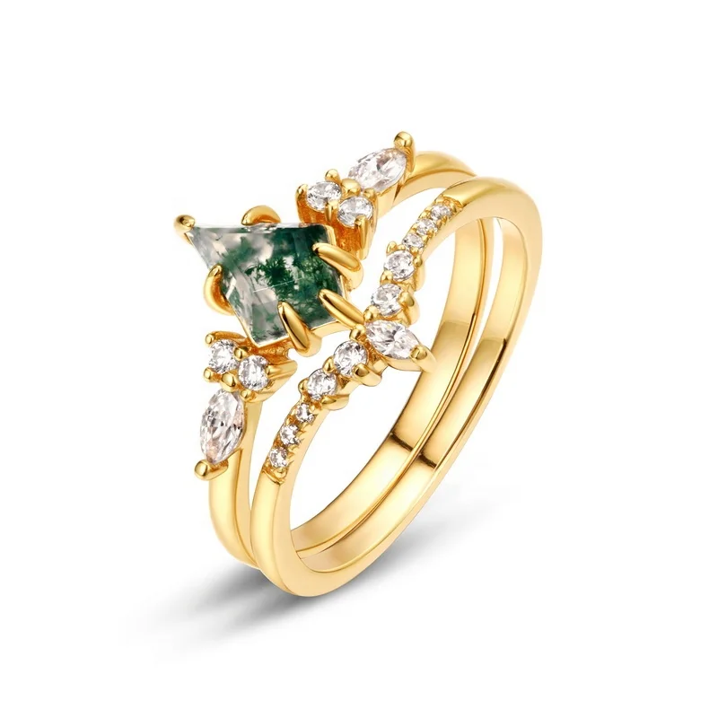 Flower CZ Oval Natural Moss Agate Ring 925 Sterling Silver Vintage Engagement Green Moss Agate Ring Cheap Price