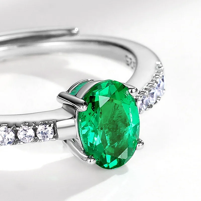 Minimalist Adjustable 925 Serling Silver Oval Shape Gemstone Rings Emerald Cut Lab Created Emeralds Finger Ring