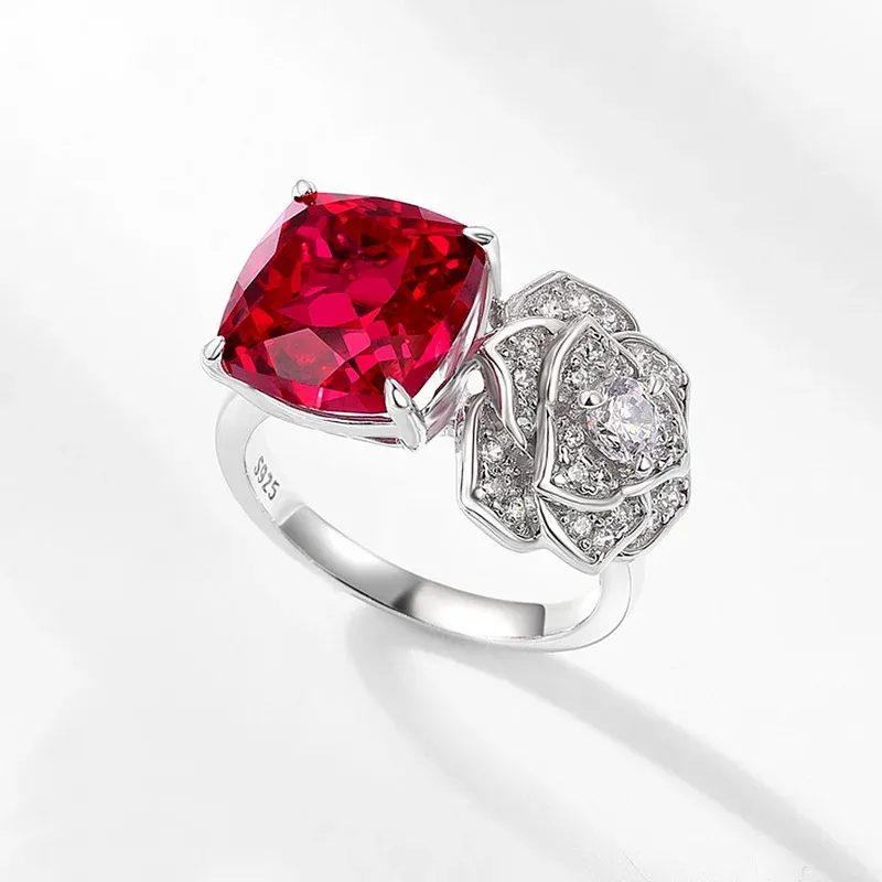 Lab Grown Gemstone Ruby Married Engagement Ring White Gold Plated 925 Silver Luxury Ring for Women Jewelry Set
