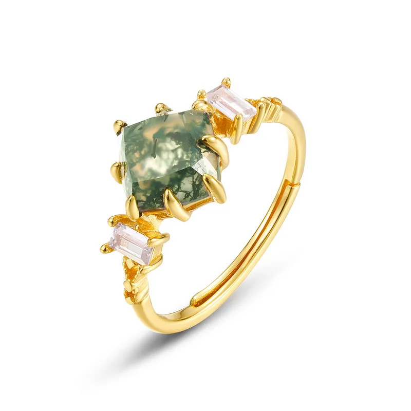 JewelyKing S925 Sterling Silver Oval Green Moss Agate Ring Natural Moss Agate Engagement Rings JKRS0133