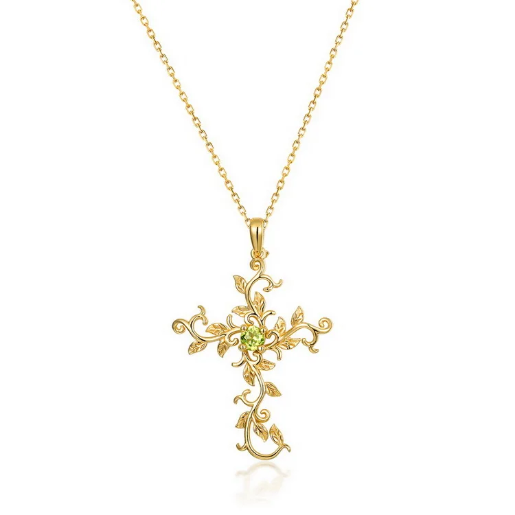 JewelyKing S925 Sterling Silver Religious Leaf Vine Peridot Gold Cross Pendant Necklace JKNS0181