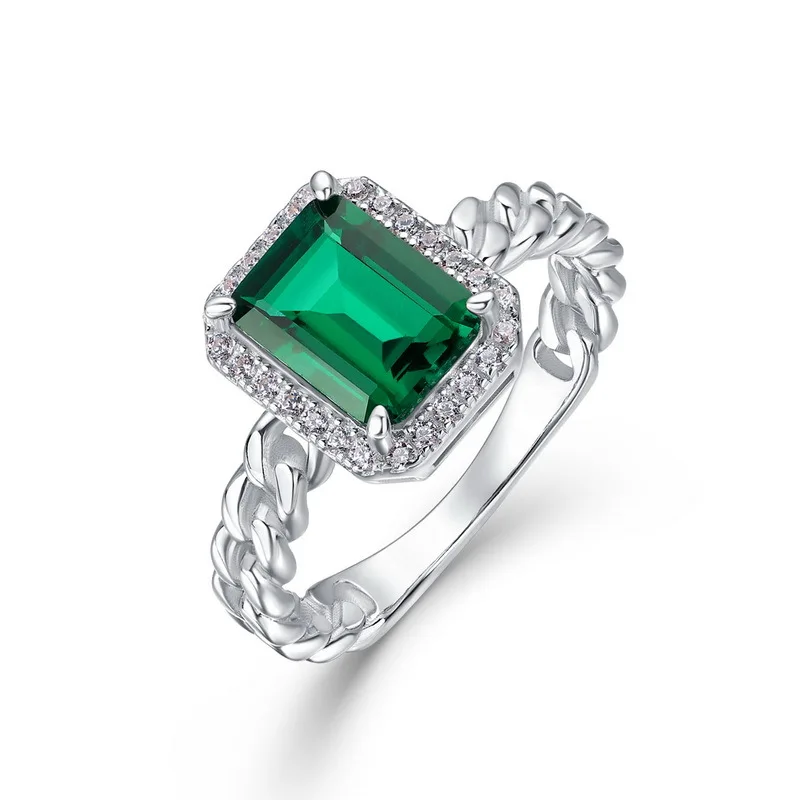 Retro Light Luxury Lab Grown Emerald Ring S925 Silver Inlaid Cultivated Colored Gemstone Ring Custom Wholesale