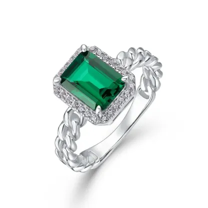 Retro Light Luxury Lab Grown Emerald Ring S925 Silver Inlaid Cultivated Colored Gemstone Ring Custom Wholesale
