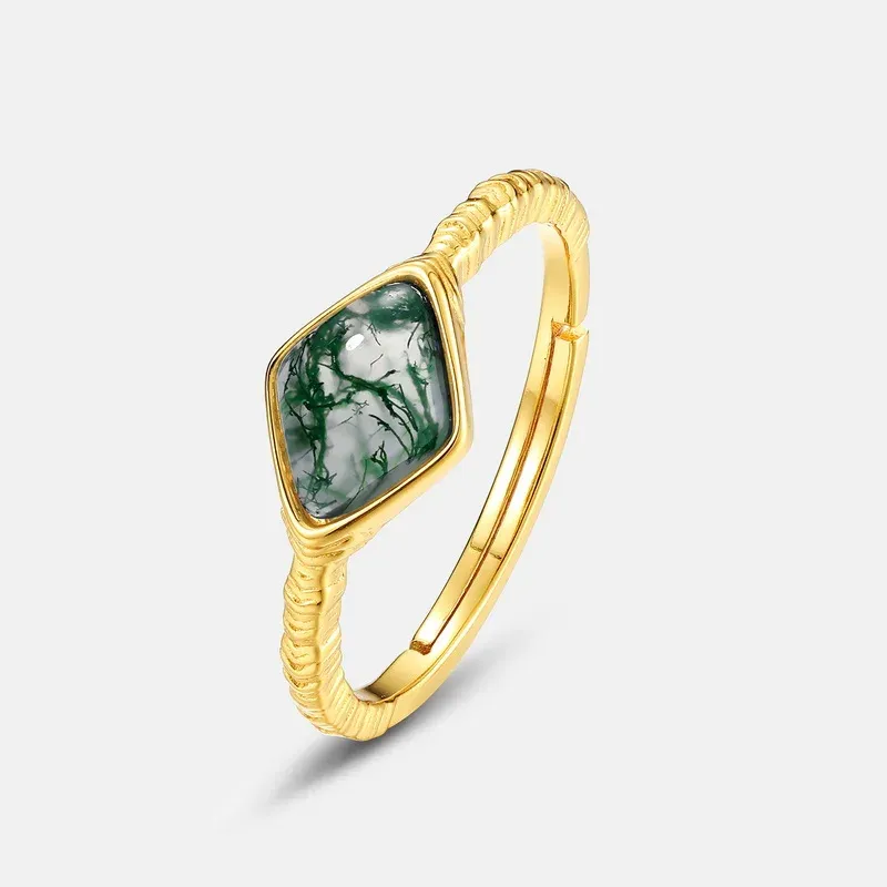 JewelyKing S925 Sterling Silver Boho Gemstone Gold Plating Sqquare Natural Green Moss Agate Ring JKRS0218
