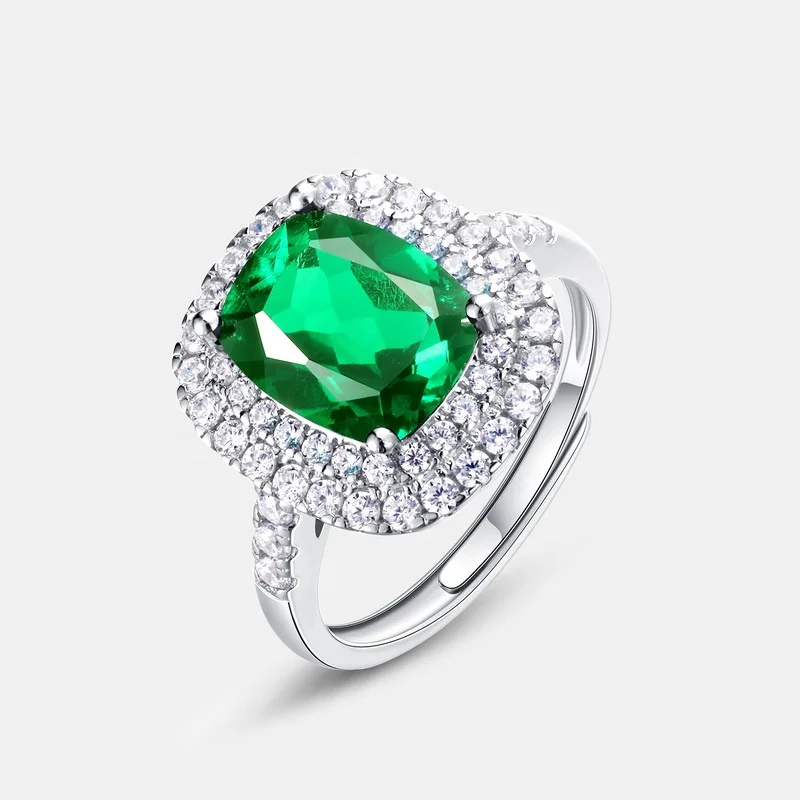 Wholesale 925 Sterling Silver Gemstone Simple Jewelry Crystals Healing Stones Cubic Zirconia Ring Lab Made Emerald Rings