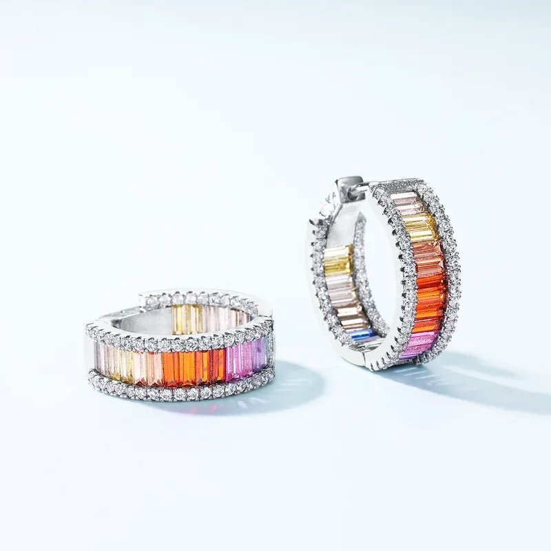 Tennis Jewelry 925 Sterling Silver Color CZ Stone Rainbow Hoop Huggie Earrings Baguette Cubic Zirconia Hoop Earrings