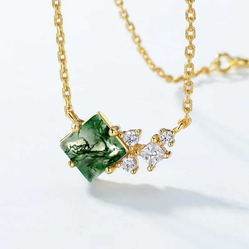 Jewelyking S925 Silver Kite Natural Moss Agate 18K Gold Plated Halo CZ Pendant Necklace JKNS0106