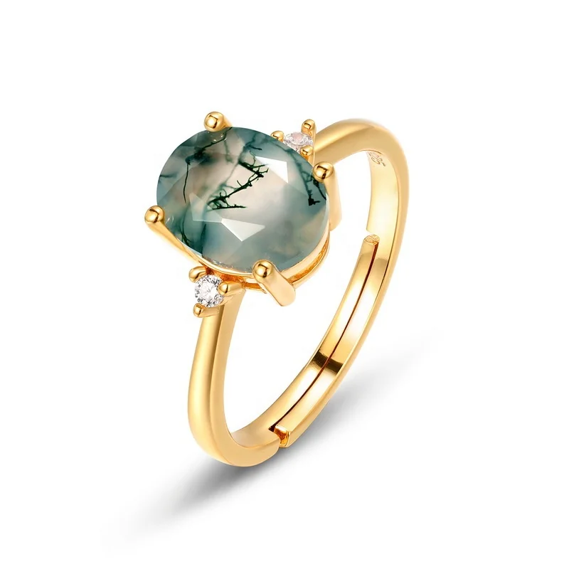 JewelyKing S925 Sterling Silver Green Crystal Adjustable Size Oval Natural Green Moss Agate Engagement Ring JKRS0233