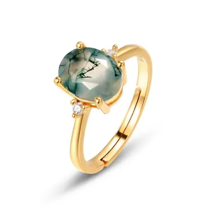 JewelyKing S925 Sterling Silver Green Crystal Adjustable Size Oval Natural Green Moss Agate Engagement Ring JKRS0233