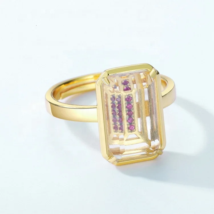 High Quality Rectangle Natural Crystal Quartz Gemstone Ring Fine 925 Sterling Silver Classic Ladies Ring Jewelry