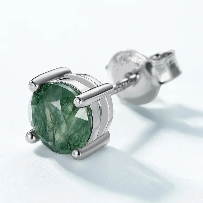 Jewelyking S925 Sterling Silver Round Natural Moss Agate Stud Earring JKES0101