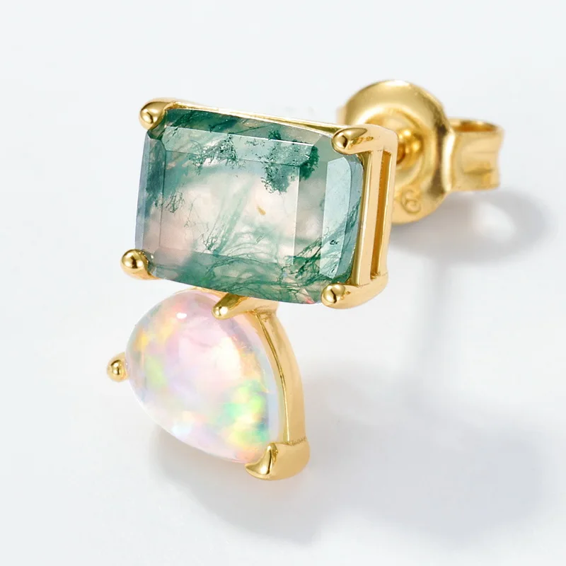 Jewelyking S925 Sterling Silver Luxury Square Green Moss Agate Opal Stud Earrings JKES0104