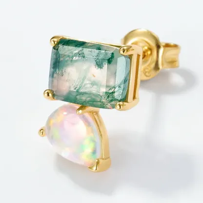 Jewelyking S925 Sterling Silver Luxury Square Green Moss Agate Opal Stud Earrings JKES0104