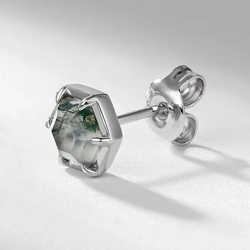 Jewelyking S925 Sterling Silver Moss Agate Earrings Unisex Hexagon Cut Stud Earrings JKES0106