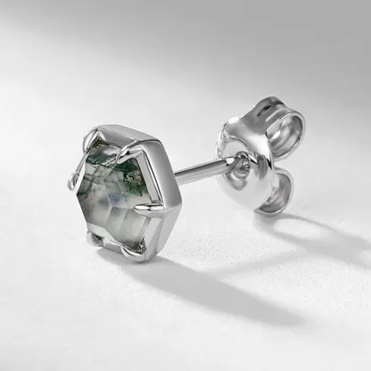 Jewelyking S925 Sterling Silver Moss Agate Earrings Unisex Hexagon Cut Stud Earrings JKES0106