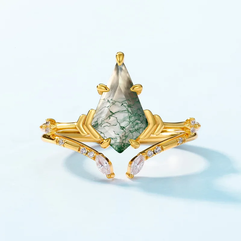 JewelyKing S925 Sterling Silver Kite Shape Natural Green Moss Agate Engagement Ring JKRS0246