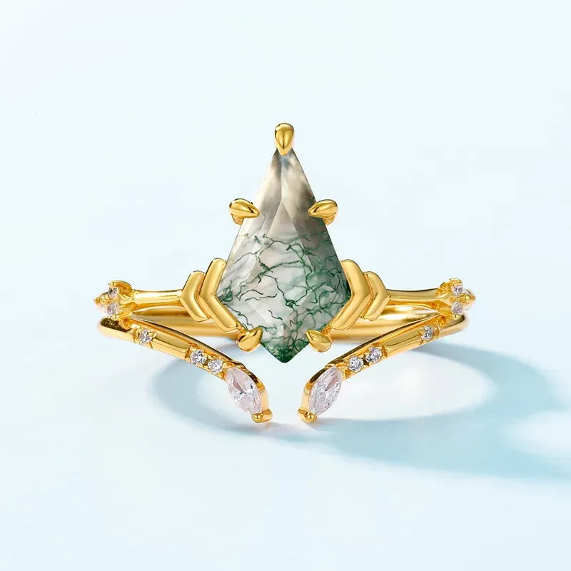 JewelyKing S925 Sterling Silver Kite Shape Natural Green Moss Agate Engagement Ring JKRS0246