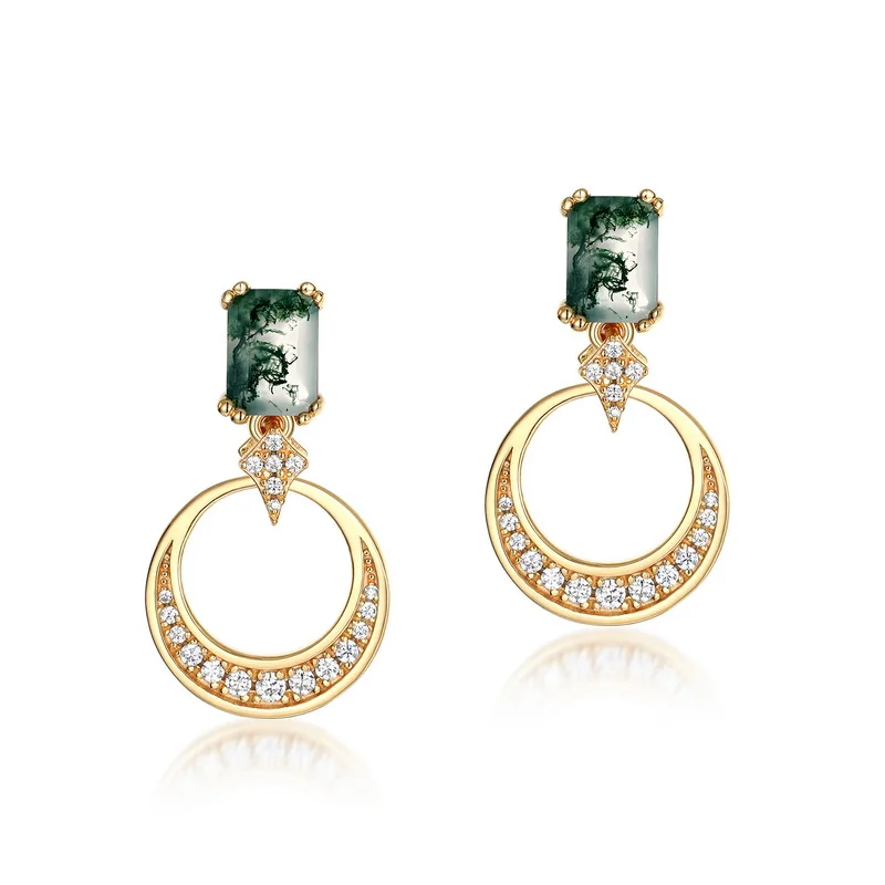 Jewelyking S925 Sterling Silver Gold Plated Natural Green Moss Agate Stud Earrings JKES0067