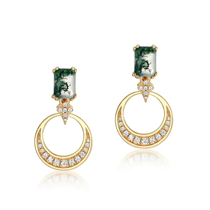 Jewelyking S925 Sterling Silver Gold Plated Natural Green Moss Agate Stud Earrings JKES0067