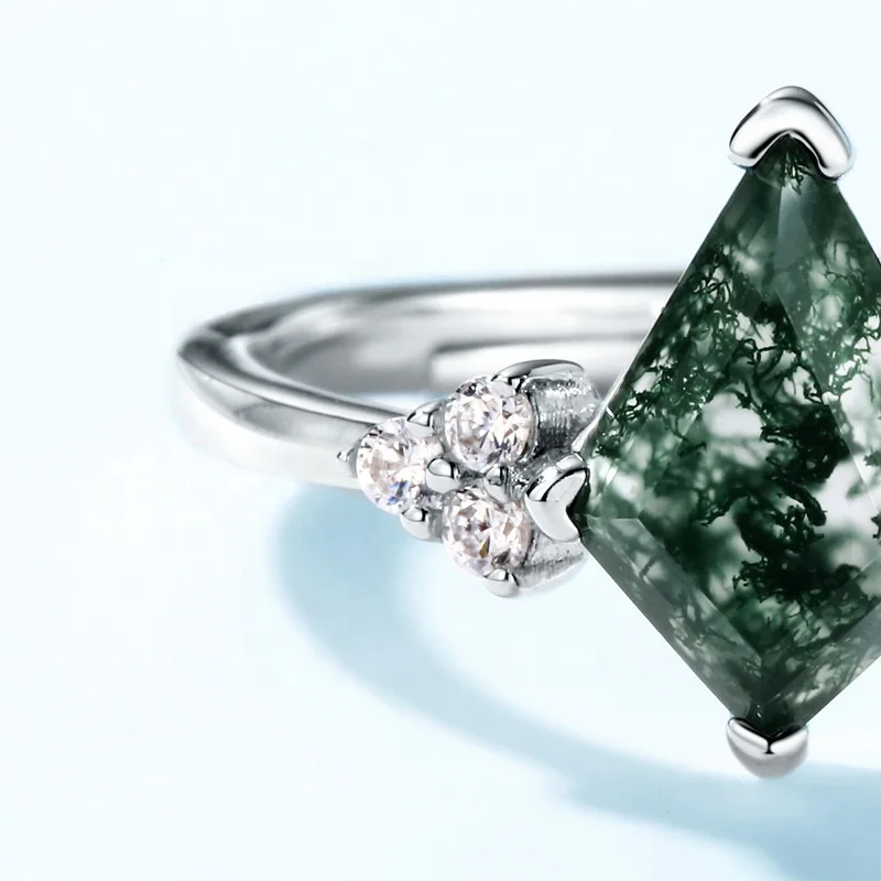 JewelyKing S925 Sterling Silver 18k Gold Plated Adjustable Delicate Green Moss Agate Wedding Ring JKRS0151