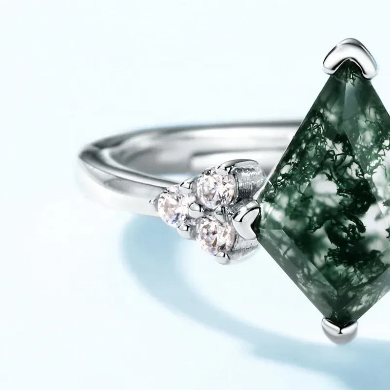 JewelyKing S925 Sterling Silver 18k Gold Plated Adjustable Delicate Green Moss Agate Wedding Ring JKRS0151