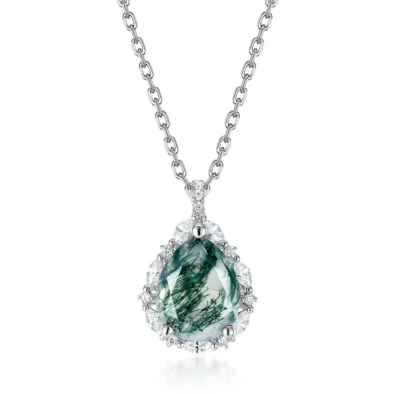 JewelyKing Natural Moss Agate Necklace Sets S925 Silver Cross Chain Women's Geometric Shape JKNS0028
