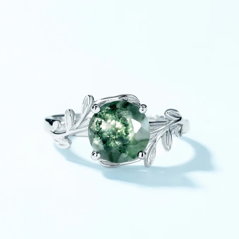 JewelyKing S925 Sterling Silver Green Moss Agate Gemstone Round Engagement Ring JKRS0222