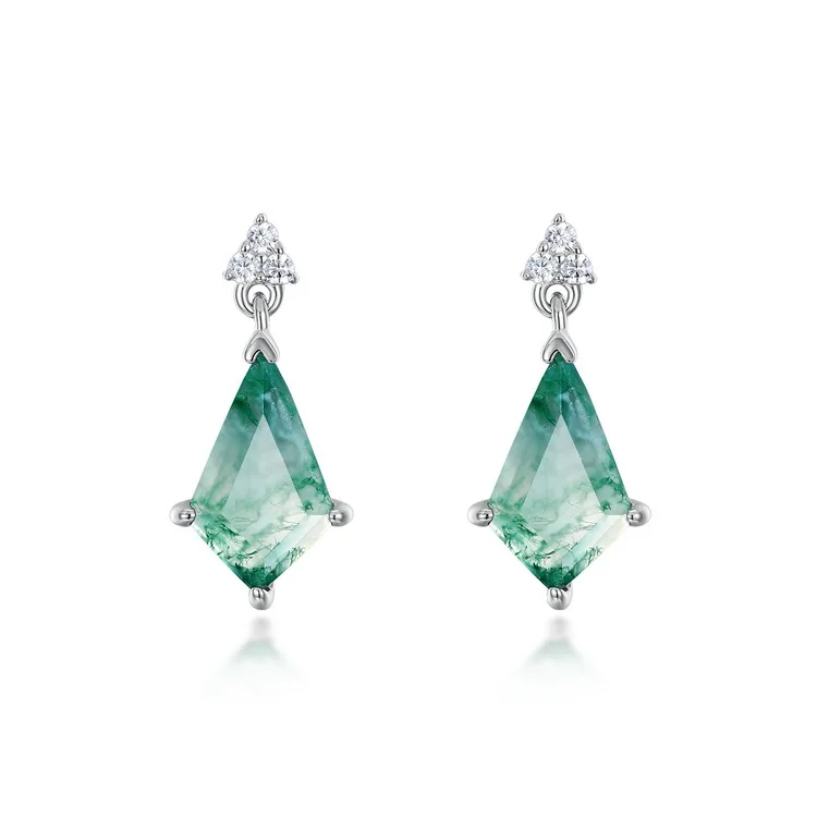 Jewelyking S925 Sterling Silver 18k White Gold Plated Rings Kite Cut Green Moss Agate Dangle Earrings Engagement JKES0077
