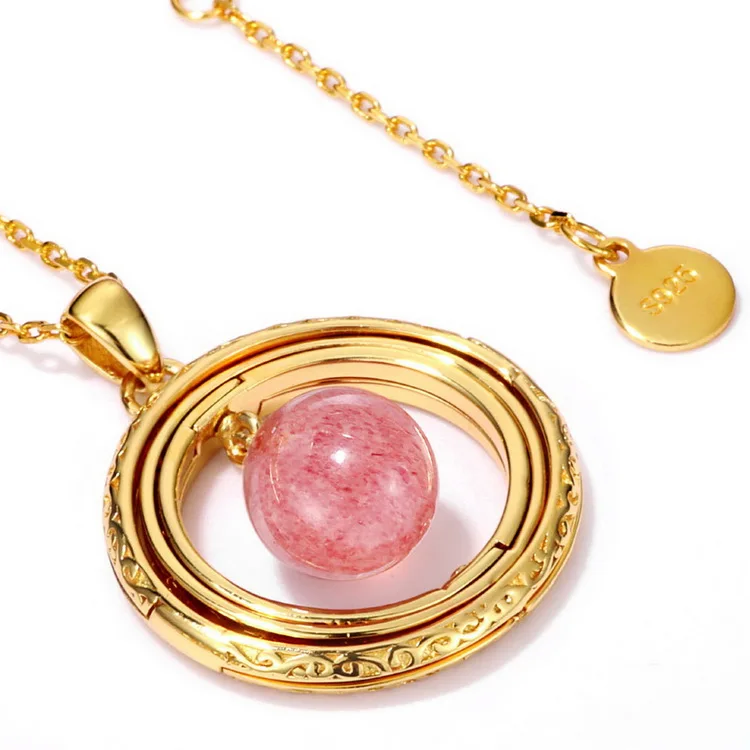 JewelyKing S925 Sterling Silver Popular Zodiac Globe Design Strawberry Quartz Crystal Gemstone Pendant Necklace JKNS158