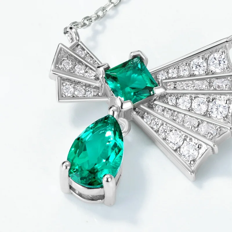 JewelyKing S925 Sterling Silver Retro High End Lab Grown Emerald Pendant Necklace JKNS0020